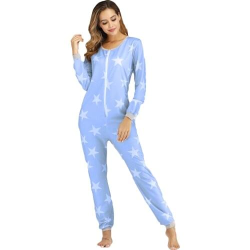 Women Jumpsuit Blue Print Sleepwear Spring Autumn Female Long Sleeve Round Neck Nightwear Pajamas