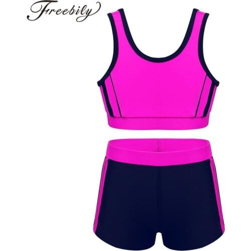 2PCS Girls Swimwear Sleeveless Swim Tops with Bottoms Kids Tankini Swimsuit Children Bathing Suit Set Gym Workout Sportswear