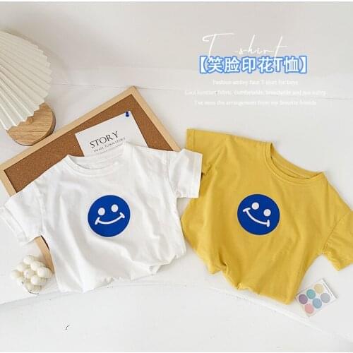 Summer Baby Boys T-shirts 2021 New Kids Baby Fashion Lovely Smiley Print Short Sleeve T Shirt 2-7 Y Boys Casual Cotton Tee Tops