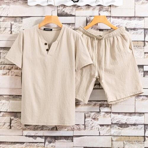 Mens Summer Set Linen Fabric Breathable Summer Clothes Beach Two Piece Set For Men Suit Plus Size 2021 Tracksuit Men Sweat Suits