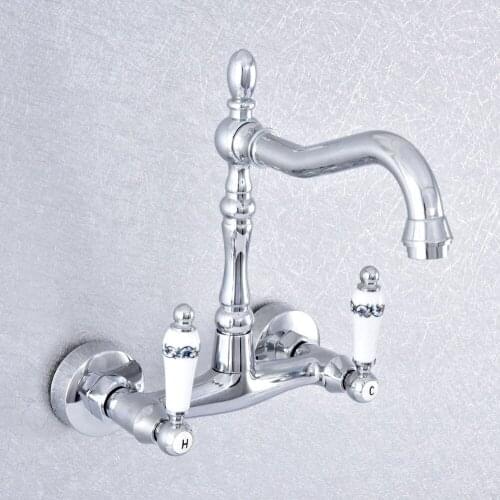 Polished Chrome Wall Mounted Basin Faucets Double Handle Dual Hole Bathroom Sink Swivel Faucet Mixer Tap Nsf773