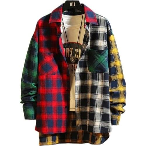 Extend Back Shirt Men Plaid Long Sleeve Hiphop Patchwork Casual Shirts Hip Hop Cotton Clothing 2021 Fashion Streetwear Autumn