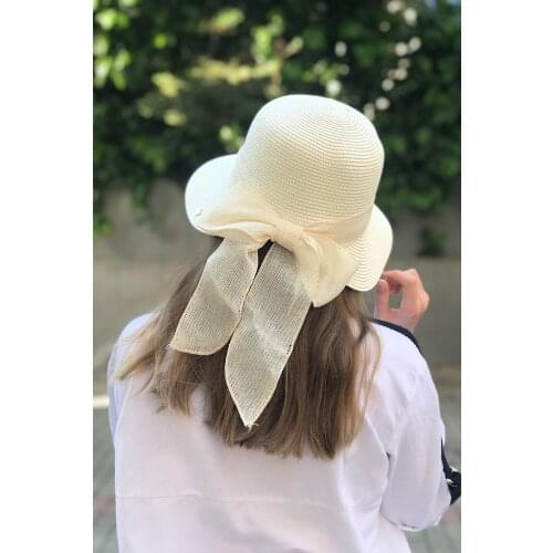 2021 Summer Women Big Bow Sun Ecru Straw Bow Hat Style Vintage Design Wide Side Straw Hat Solid Color Anti-UV Holiday Beach Hat