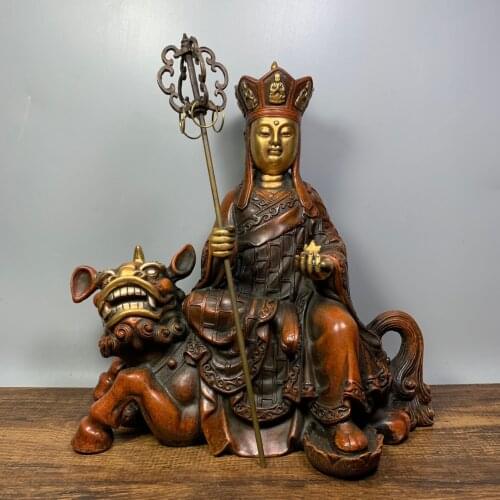 9" Tibet Buddhism Old Bronze Gilt Real gold silver Ksitigarbha statue Ride a unicorn (Die listen) Amitabha Enshrine the Buddha