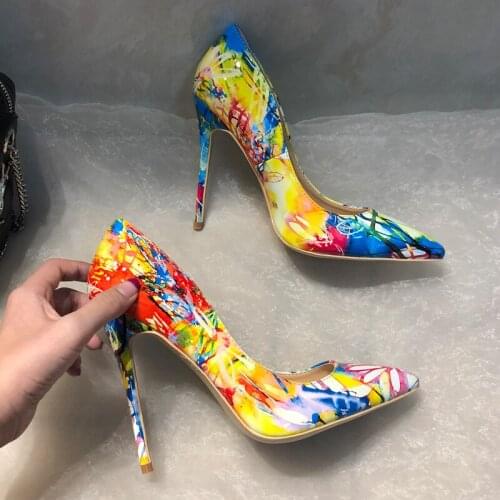 Free shipping fashion women Designer Brand New multi color printed patent point toe high heels pumps shoes Stiletto 33-43cm 12cm
