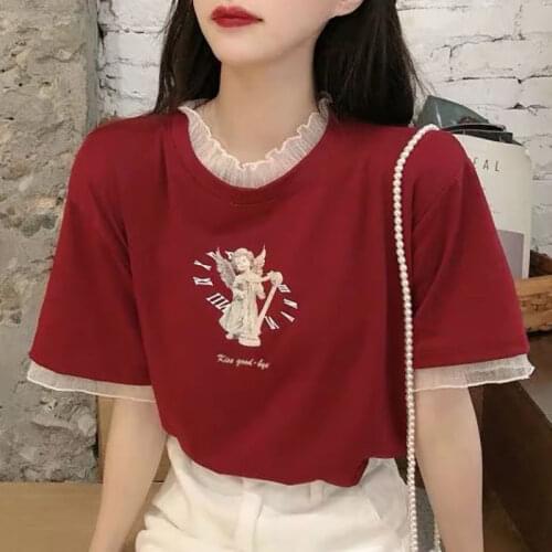 Gothic Angel Print T Shirt Women 2021 Sexy Lace Alt Clothes Aesthetic Fashion Summer Top Female MINGLIUSILI Red Tee Shirt