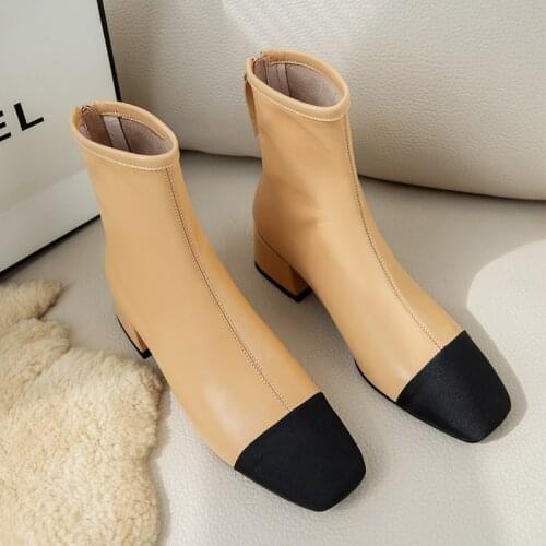 Osunlina Cow Leather Ankle Boots Woman Back Zipper Handmade Square Toe 4.5cm Low Heels Footwear Elegant Lady Short Shoes