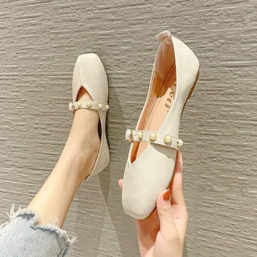 2021 autumn spring pearl flats women cutout leather Mary Janes buckle belt mules shoes woman beading slip on loafers big size 43