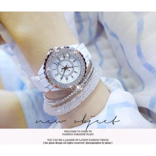 Dropshipping BS Brand Quartz Watch Women Real White Ceramic Band Watch Lady Bussiness Watch Luxury Dress Rhinestone Bangle