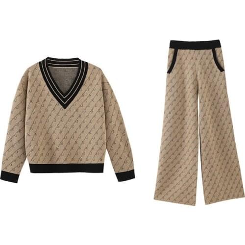 Women Casual Jacquard Contrast Color V Neck Long Sleeve Knitted Shirt and Wide Leg Pants Two Pieces Loungewear Set