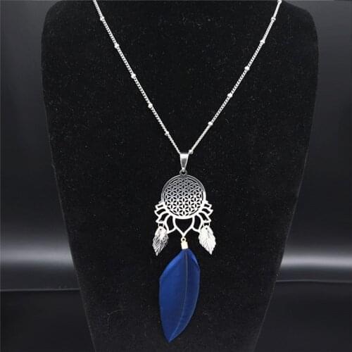 Flower of Life Stainless Steel Feather Statement Necklace Women Silver Color Leaf Tassel Long Necklace Jewelry joyas N1005S04