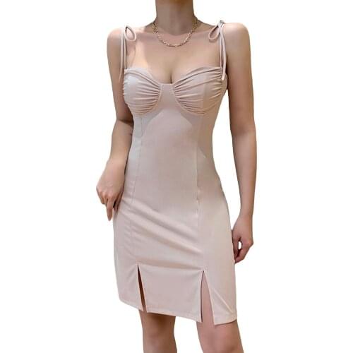 Women’s Fashion Solid Color A-line Dress Sexy V-neck Sleeveless Backless Suspender Split Short Dress