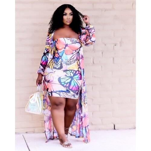 Butterfly Print Women Sexy Two Pieces Charming Plus Size Strapless Bodycon Dress Long Sleeve Ankle-Length Cardigan Summer Sets
