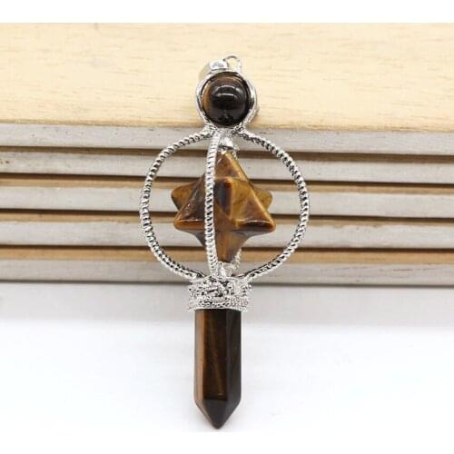 100-Unique 1 Pcs Silver Plated Wire Hexagon Column Merkaba Natural Tiger Eye Stone Pendant Sceptre Jewelry
