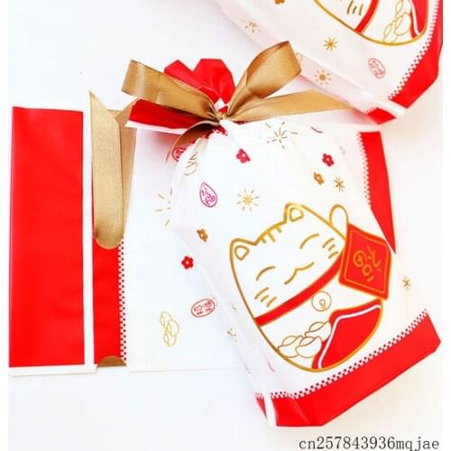 1000pcs Candy Packaging Pouch For Friend Red Fortune Cat Biscuit Drawstring Gift Bags Milk Nougat Candy Bags