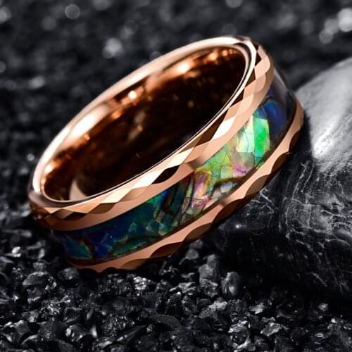 8MM Ros Gold Couple Engrave Love You Ring Boho Abalone Shell Tungsten Steel Ring Anillo Hombre