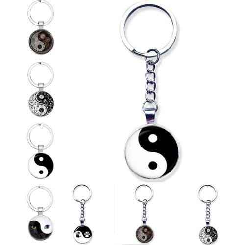 Popular Personality Black And White Yin And Yang Keychain Dog Paw And Baby Handprint Glass Cabochon Wallet Handbag Pendant Tai C