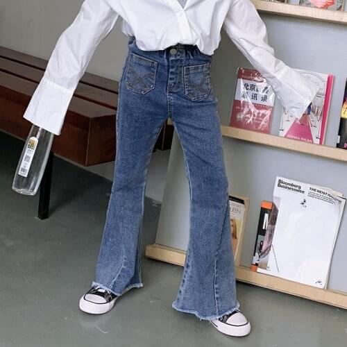Spring Autumn Girls Jeans Baby Denim Pants Kids Flare Trousers Children Bottoms High Waist Pockets 4-14 teenagers girls clothes