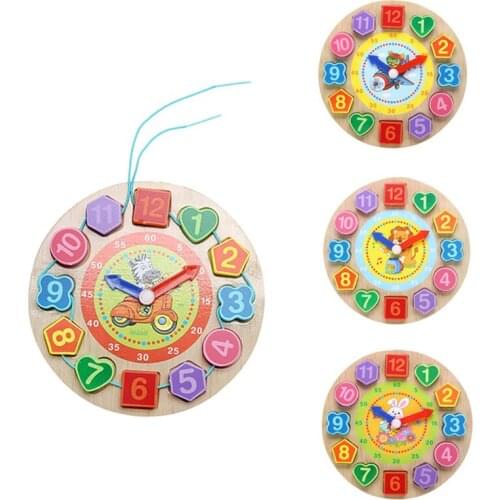Cartoon Threading Assembly Toys Hot Sale Kids Wooden Puzzle Toys Cognitive Digital Clock Digital Wooden Watch Jigsaw Toys