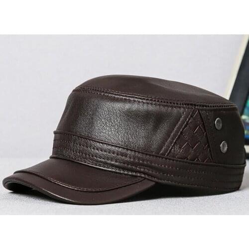 XdanqinX Adjustable Size Mens Flat Cap Real Genuine Leather Hat Military Hats New Sheepskin Leather Cap Male Bone Brands Caps