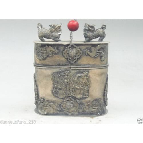 Collection Chinese old Tibetan silver Dragon Phoenix jewelry box kylin red Bead