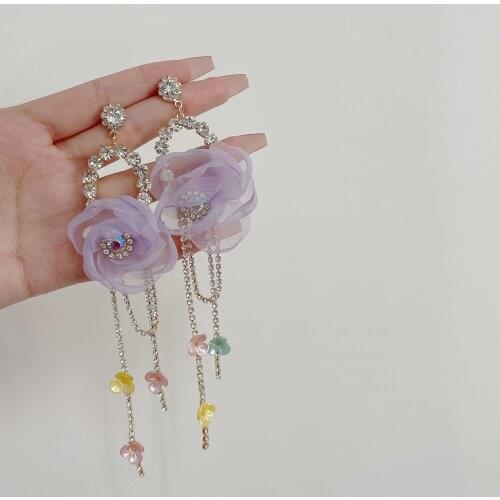 Korean Fashion Sequins Flower Inlay Crystal Long Chain Tassel Dangle Drop Earrings Girl Women Jewelry