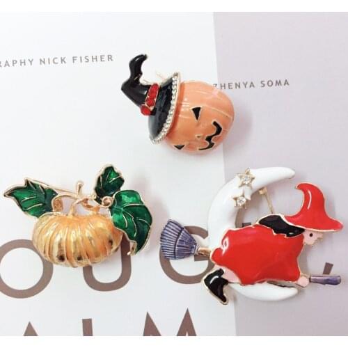 Halloween Witch Pumpkin Enamel Metal Brooch Cute Moon Broom Witch Badge Pin Mens And Womens Trendy Costume Jewelry Accessories