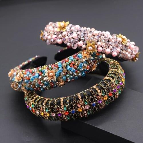 Metal flower crystal headband Baroque crystal braided headband transparent pearl sponge ladies hair accessories headdress 728