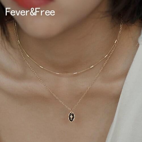 Fever&Free Fashion Trend Double Layer Cross Pendant Necklace Gold Elegant Chain Christian Choker Necklaces Black Collar Jewelry
