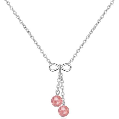 Trendy Bow-Knot 925 sterling silver Pink Stone Bead Pendants Necklaces Statement Necklace Jewelry Collar Colar de Plata