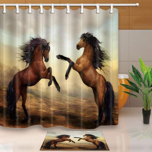Brown Horse Shower Curtains Set Strong Animal Waterproof Bathroom Decor Home Bath Bathtub Curtain and Flannel Carpet Cheap