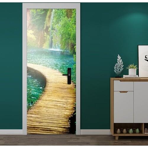 Rural Style Wooden Bridge In The Lake DIY Door Sticker Home Decoration Porch Kitchen Art Mural Peel & Stick Vinly Wall Stickers