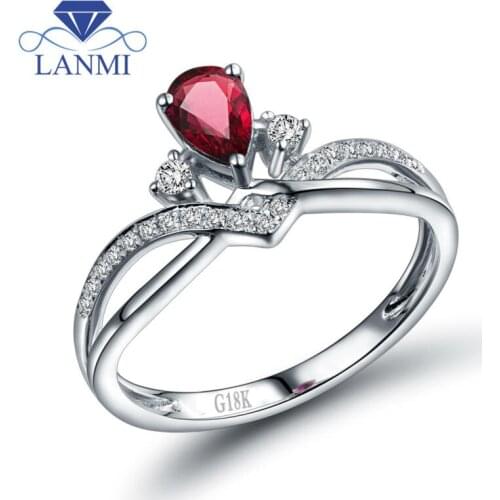 Solid 18K White Gold Pear Natural Ruby Ring for Anniversary Jewelry Gift Dating for Women WU291