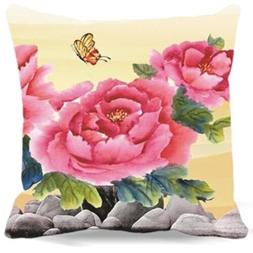 Plant peony&butterfly cotton polyester cushion cover for sofa home car decor Square 16" 18" 19" Flowers pattern Decorative