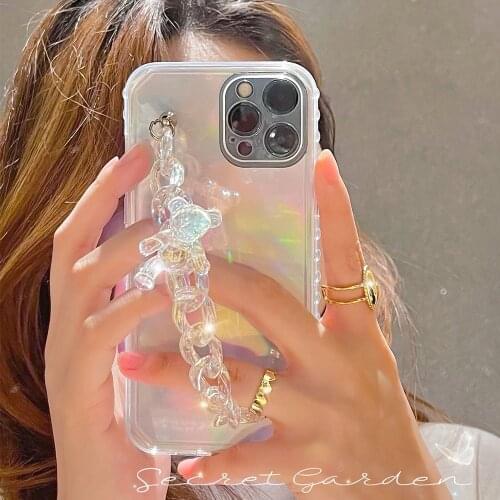 Wrist Chain Case for iPhone 11Pro Max 7 8 Plus XR XS Max Silicone Cases Cute laser Bear Chain Hanging Case for iPhone 12 SE 2020
