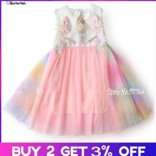 Surferfish Unicorn Girls Dress Rainbow Embroidery Toddler Princess Wedding birthday Party dress Valentines Day Dress Costume