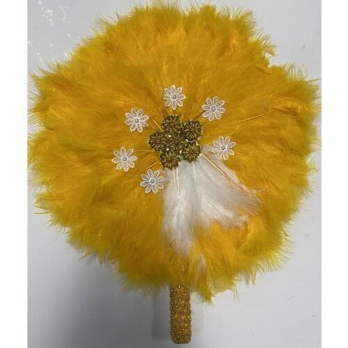 Peach Custom Wedding Feather Hand Fan with Sequins Lace Feather Dance Fan Handmade Bride Hand Held Photo Props Wedding Favors