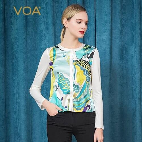 VOA Blue Black Yellow Thick Silk Pure White Double-sided Elastic Silk Knitted Edge Round Neck Long Sleeve Bright Cardigan B8390
