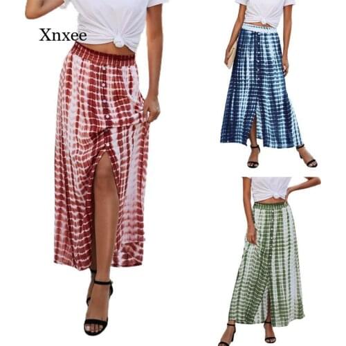 Tie Dye Print Skirt Summer Female Elastic High Waist Midi-Skirt Buttons for Summer Autumn Casual Loose Single-Breasted Bottoms