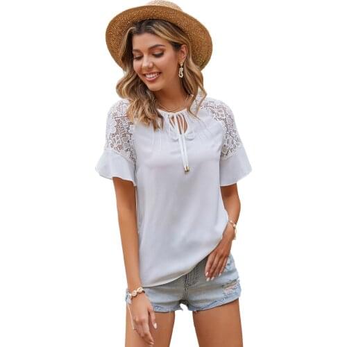 Womens Lace Short Sleeve T-Shirt Womens Loose Round Neck Solid Color Pullover