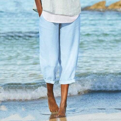 Womens Linen Trousers All-match Casual Loose Solid Color Plus Size Straight Pants Female Elastic Waist Lace Up Summer Trousers