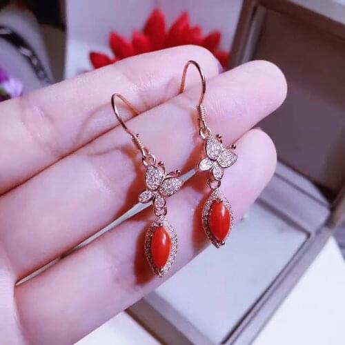 Natural red coral drop earrings 925 silver Natural gemstone earring for women elegant fashion drop earrings jewelry engagement