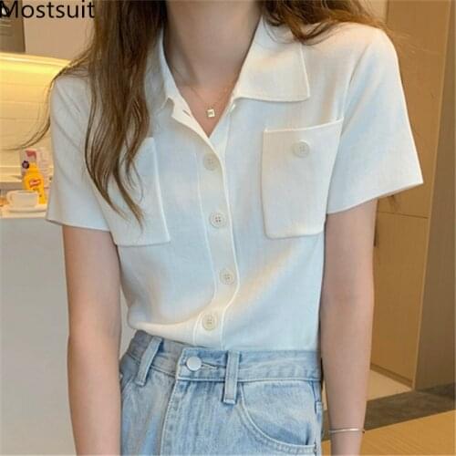 Summer Knitted Single Breasted Cardigan Tops Women Short Sleeve Turn-down Collar Pockets Knitwear Sweater Vintage Fashion Jumper