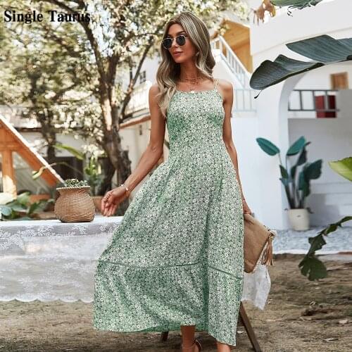 Female Fsahion Flower Print Dress 2021 Summer Sleeve Spaghetti Strap Slash Neck Elastic Waist Clothing Women Elegant Vestidos
