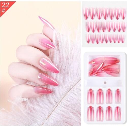 24pcs/box False Nails Glitter Mirror Aurora Color Full Cover Stiletto Nail Tips Gradient DIY Nail Decoration with Jelly Stickers