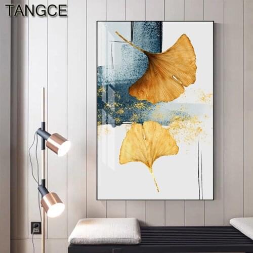 Abstract Yellow Ginkgo Canvas Painting Baby Blue Poster Brown Leaf Print Modern Wall Art Pictrues for Living Room Abstract Decor