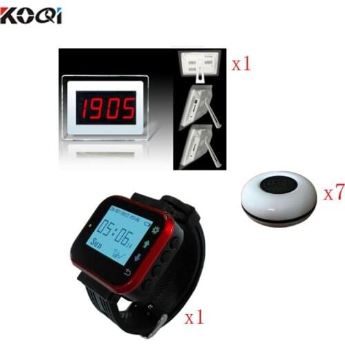 Wireless Pager Waiter Call System New Alpha For Restaurant Pager Calling( 1pcs display with 1pcs watch and 7pcs call buzzer)