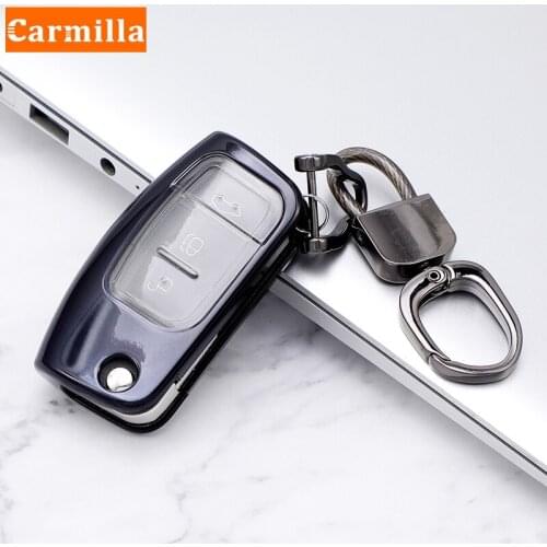 For Ford Fiesta Focus 2 Falcon Ecosport Escape Kuga Galaxy B-Max C-Max Protector TPU Car Folding Flip Key Case Cover Keychain