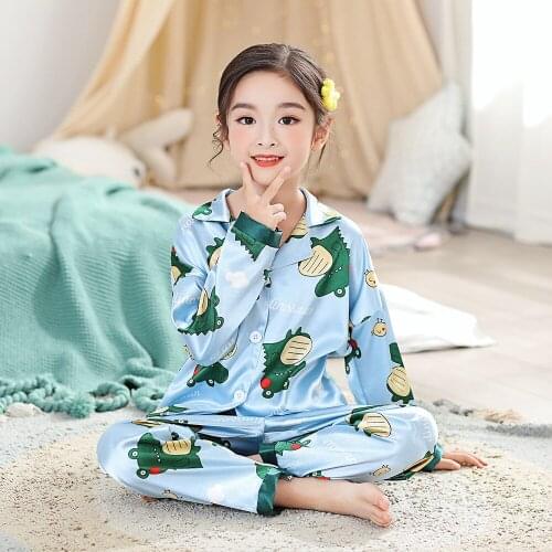 Children Girls Pajamas Set Teens Boys Ice Silk Pyjamas Mother Parent-Child Homewear Thin Summer Long Sleeve Dinosaur Nightwear