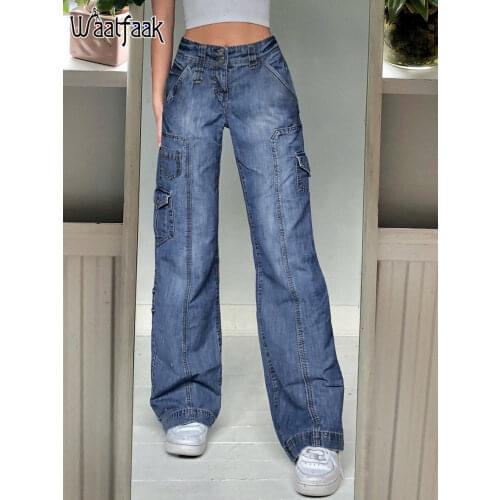 Waatfaak Harajuku Blue Pockets Patchwork Jeans High Waist 90S Streetwear Y2K Baggy Jeans Women Y2K Pants Straight Leg Retro 90S